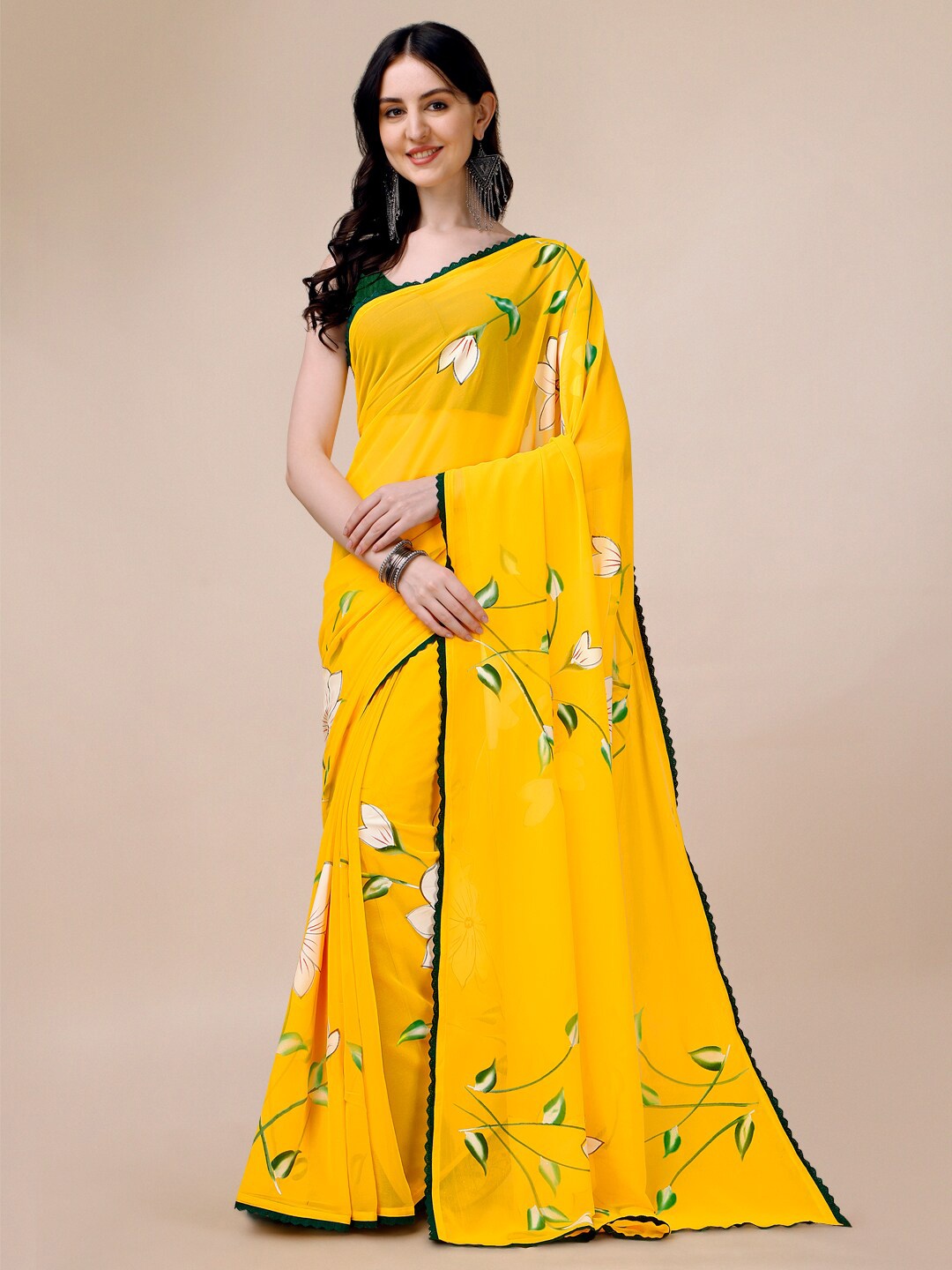 

GOROLY Floral Pure Georgette Saree, Yellow
