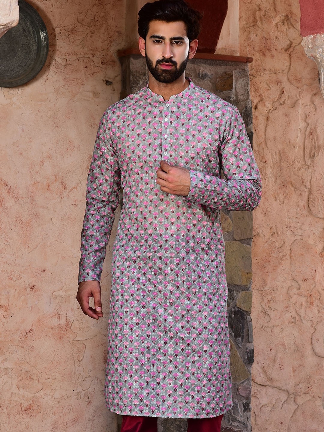HOUSE OF DEYANN Floral Printed Mandarin Collar Sequinned Georgette Kurta, Grey
