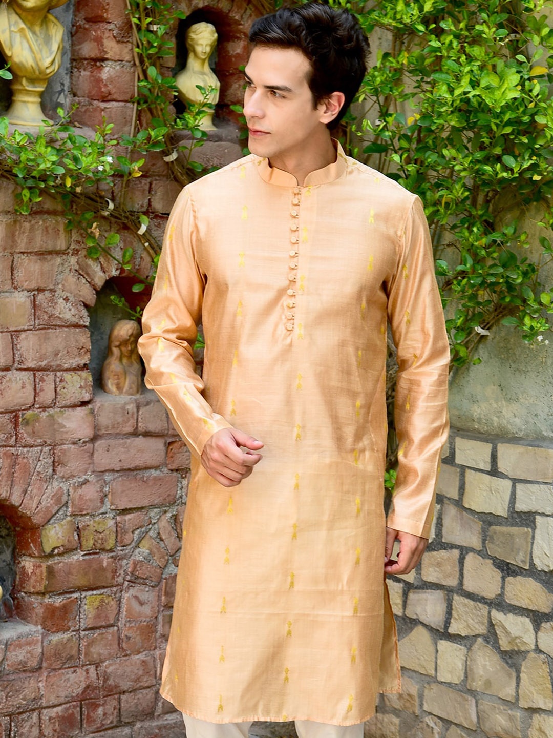 

HOUSE OF DEYANN Ethnic Motifs Woven Design Mandarin Collar Jacquard Straight Kurta, Orange