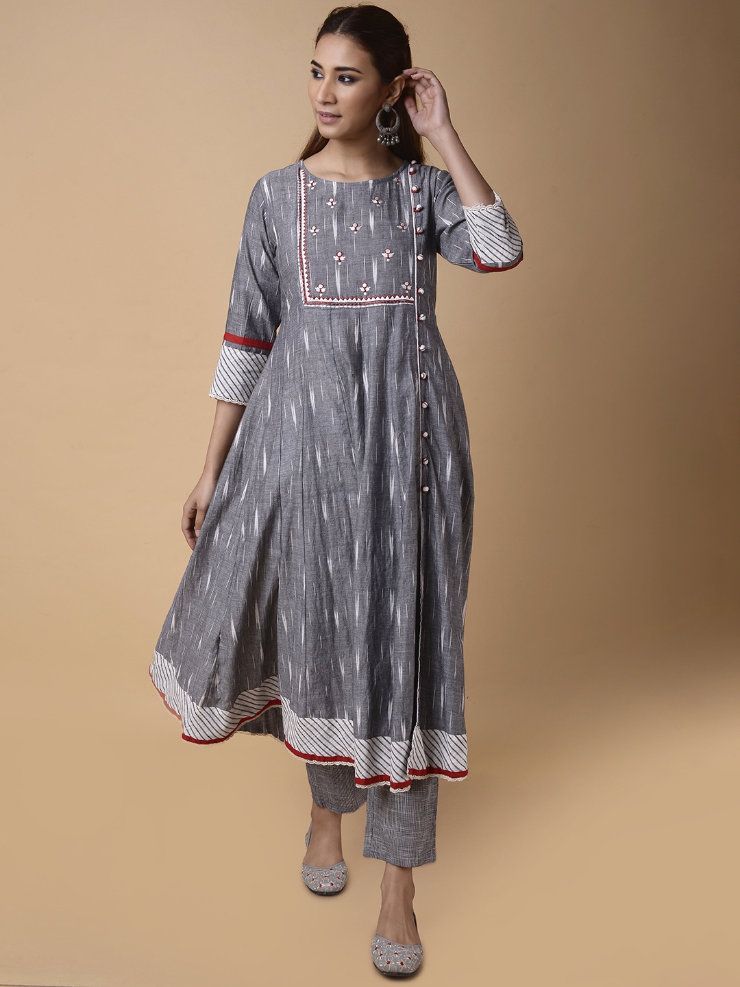

PINKSKY Abstract Printed Thread Work Anarkali Cotton Kurta, Grey
