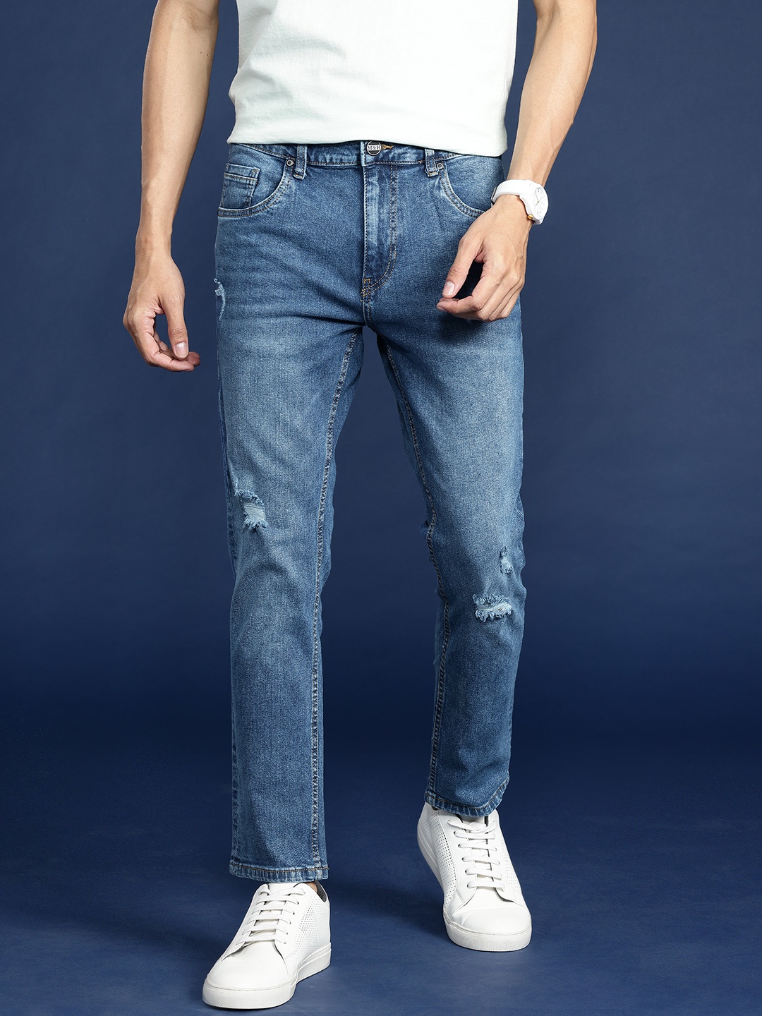 

Mast & Harbour Men Skinny Fit Low Distress Light Fade Stretchable Jeans, Blue