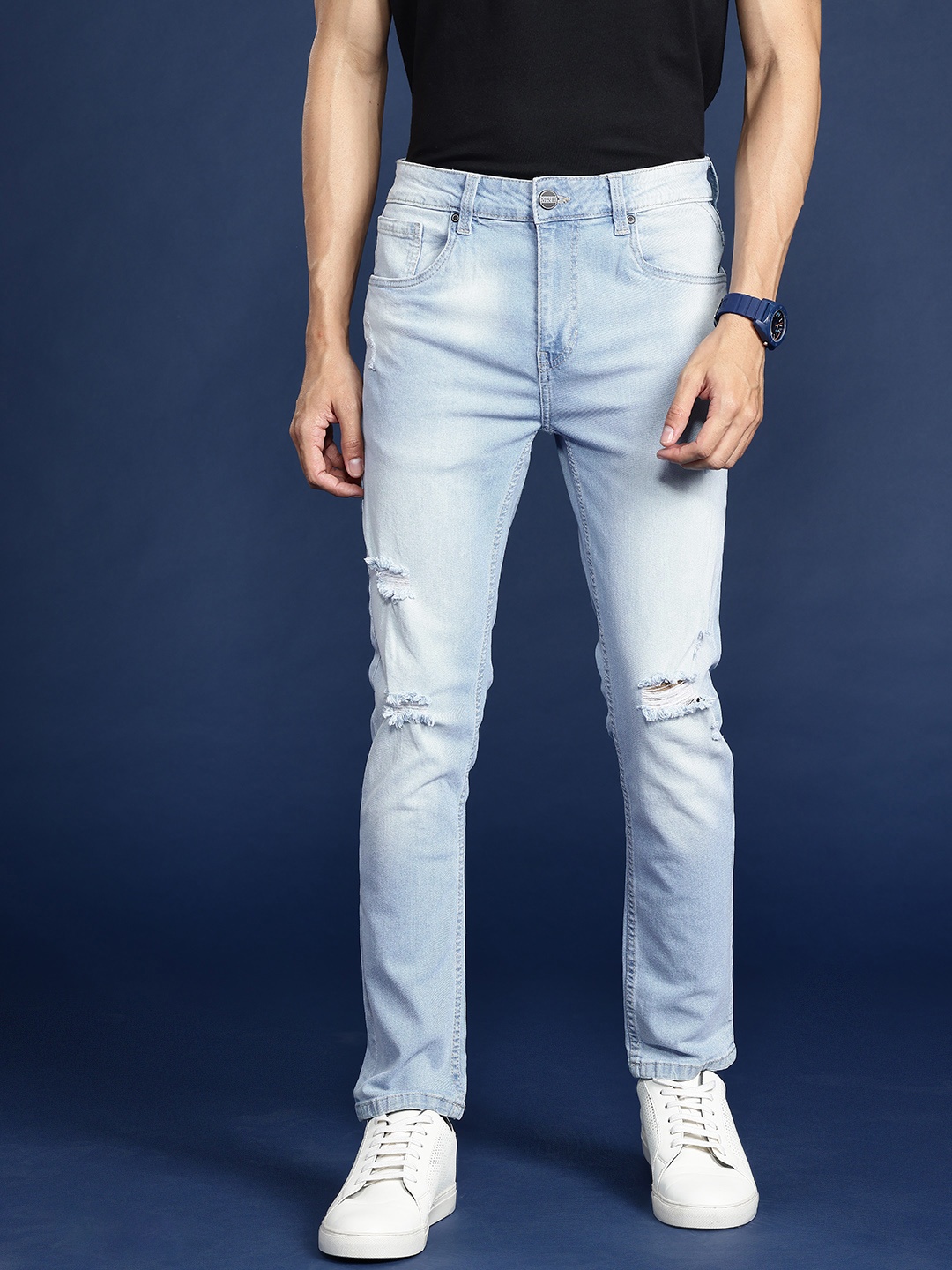 

Mast & Harbour Men Skinny Fit Mildly Distressed Light Fade Stretchable Jeans, Blue