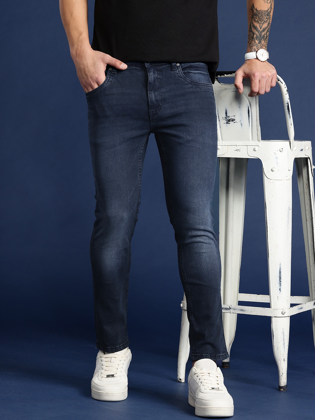 

Mast & Harbour Men Skinny Fit Light Fade Stretchable Jeans, Navy blue