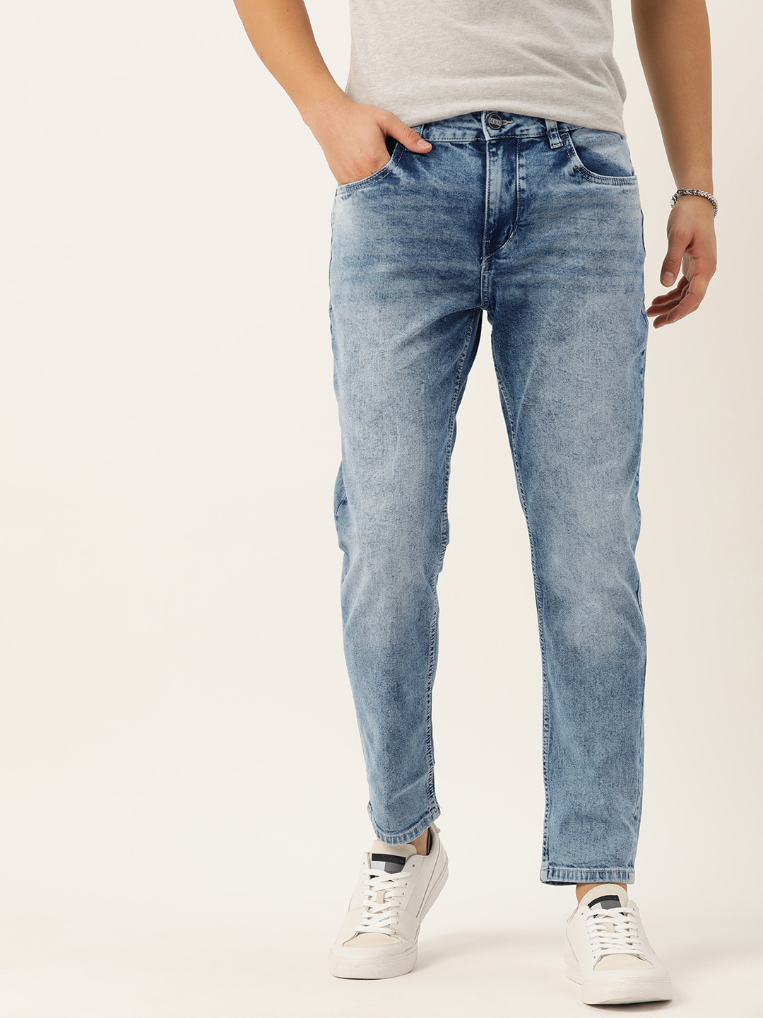 

Mast & Harbour Men Slim Tapered Fit Light Fade Stretchable Jeans, Blue