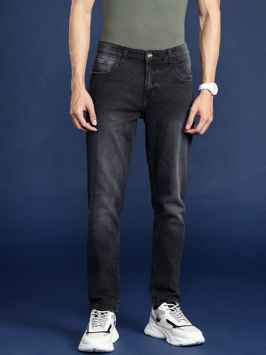 

Mast & Harbour Men Slim Tapered Fit Light Fade Stretchable Jeans, Black