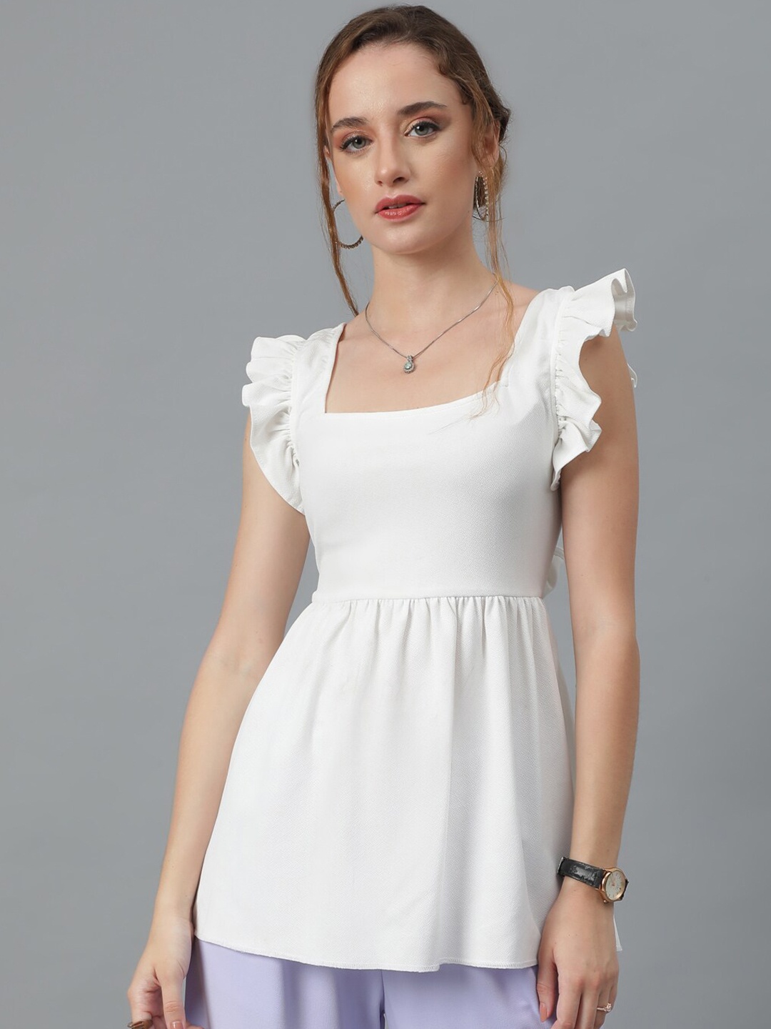 

Kotty White Square Neck Flutter Sleeves A-Line Top