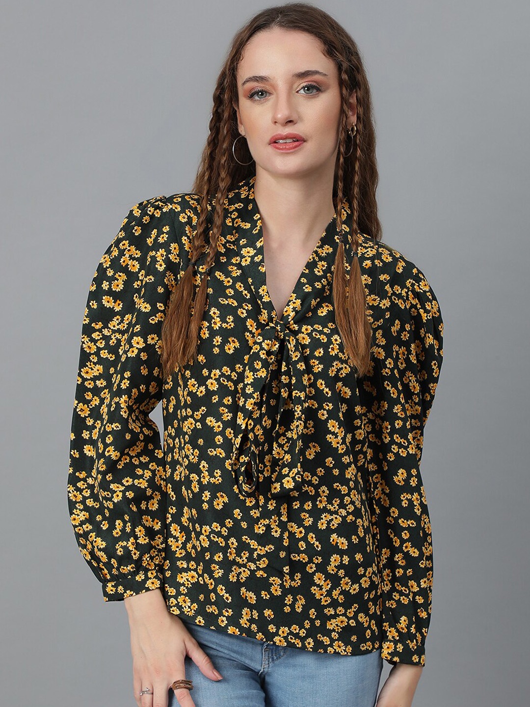 

Kotty Floral Printed Tie-Up Neck Cuffed Sleeves Regular Top, Black