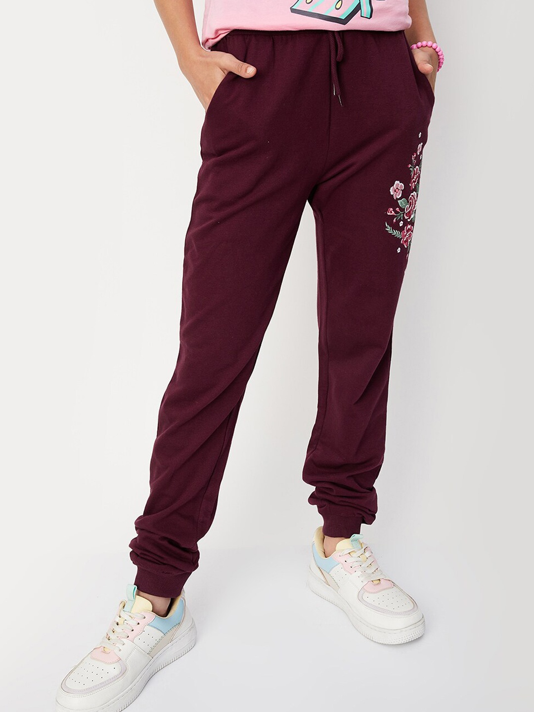 

max Girls Floral Printed Cotton Joggers, Maroon
