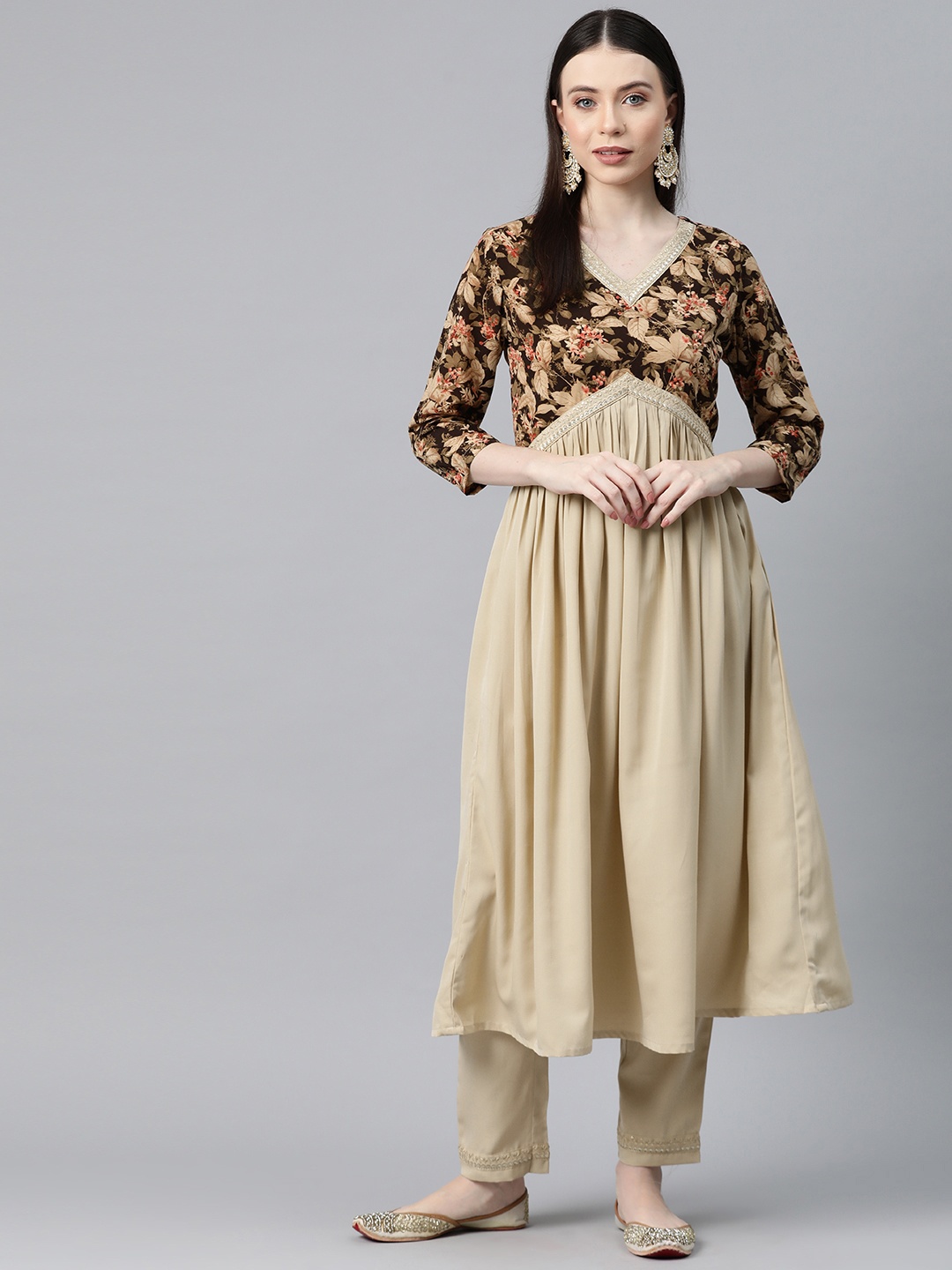 

SheWill Women Floral Yoke Design Pleated Sequinned Kurta with Trousers, Beige