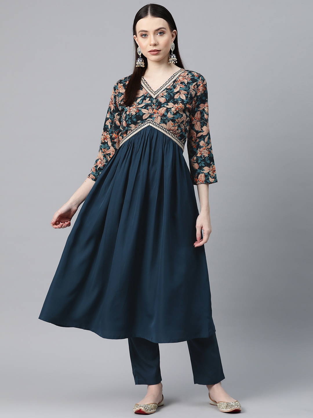 

SheWill Women Floral Yoke Design Regular Sequinned Kurta with Trousers, Teal