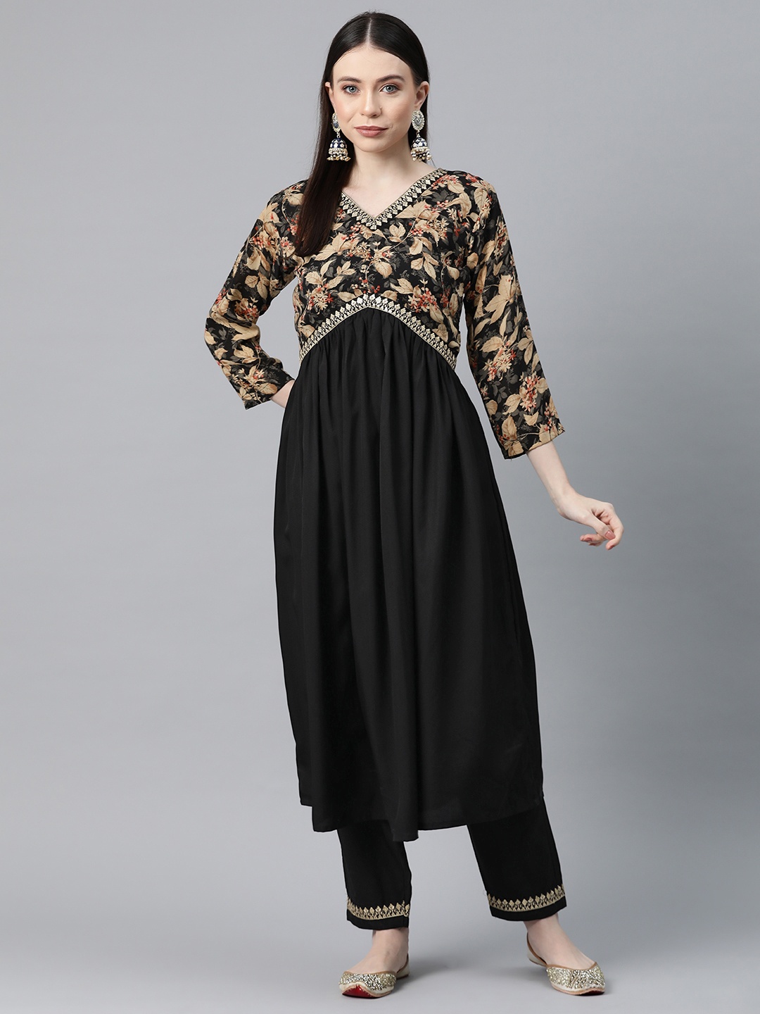 

SheWill Women Floral Yoke Design Pleated Sequinned Kurta with Trousers, Black