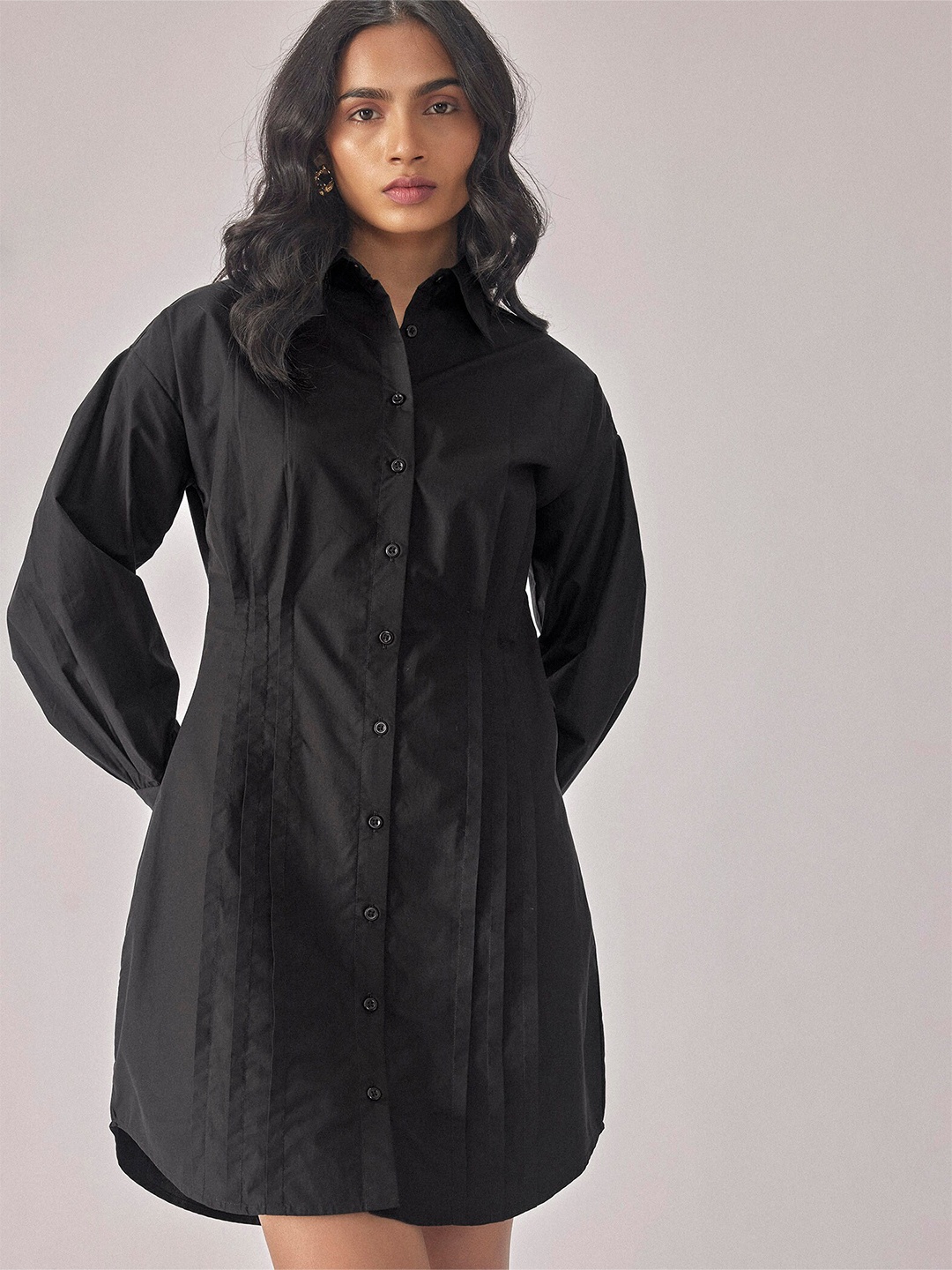 

The Label Life Pleated Detailed Shirt Collar Cuffed Sleeves Cotton Shirt Style Dress, Black