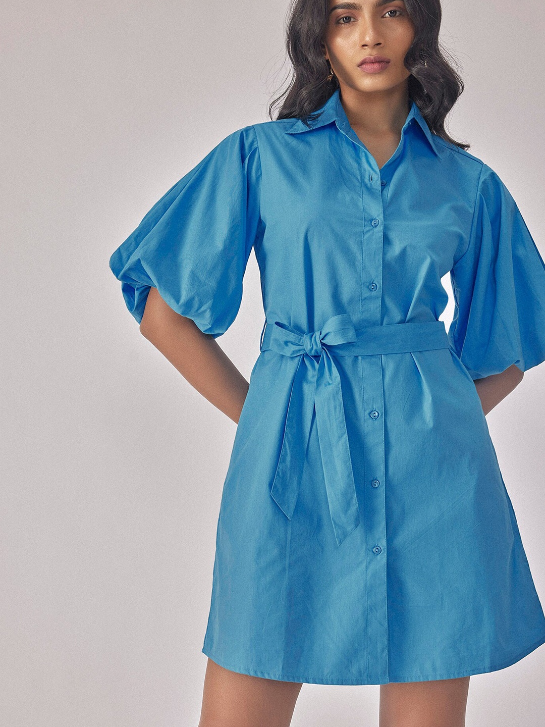 

The Label Life Belted Detailed Shirt Collar Puff Sleeves Cotton Shirt Style Dress, Blue