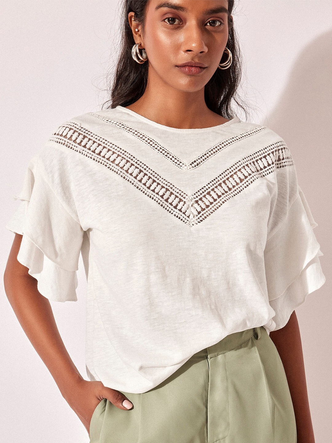 

The Label Life Self Design Round Neck Extended Sleeves Cotton Regular Top, White