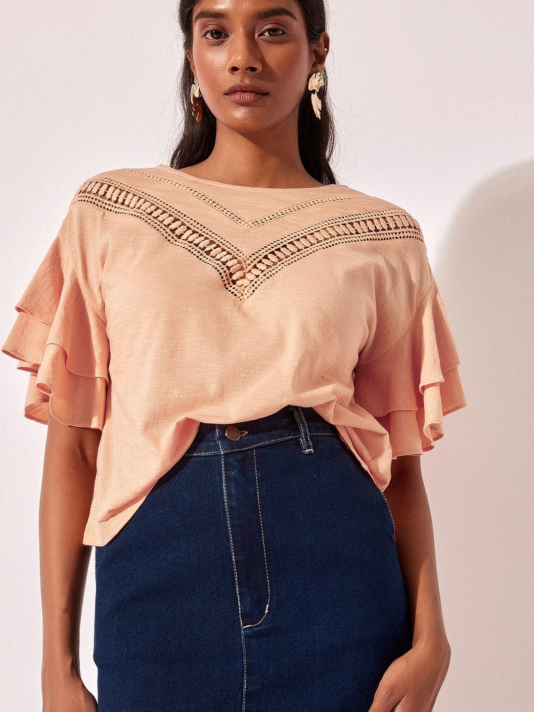 

The Label Life Self Design Round Neck Extended Sleeves Cotton Regular Top, Peach