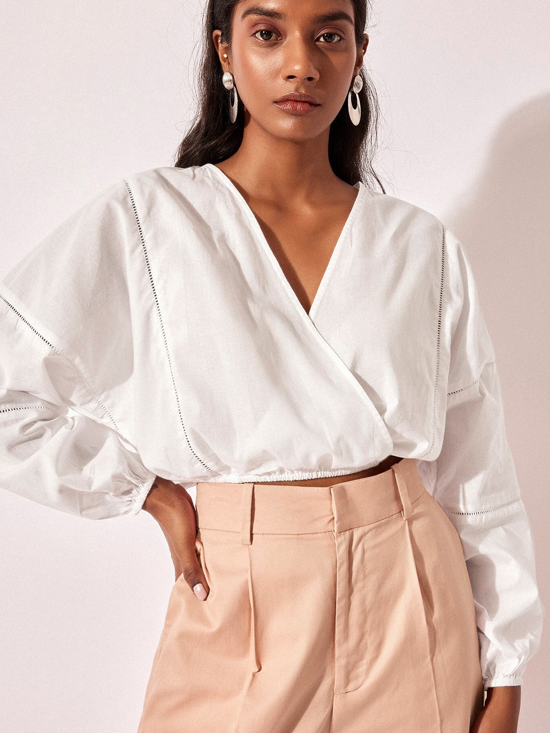 

The Label Life V-Neck Cuffed Sleeves Cotton Wrap Top, White