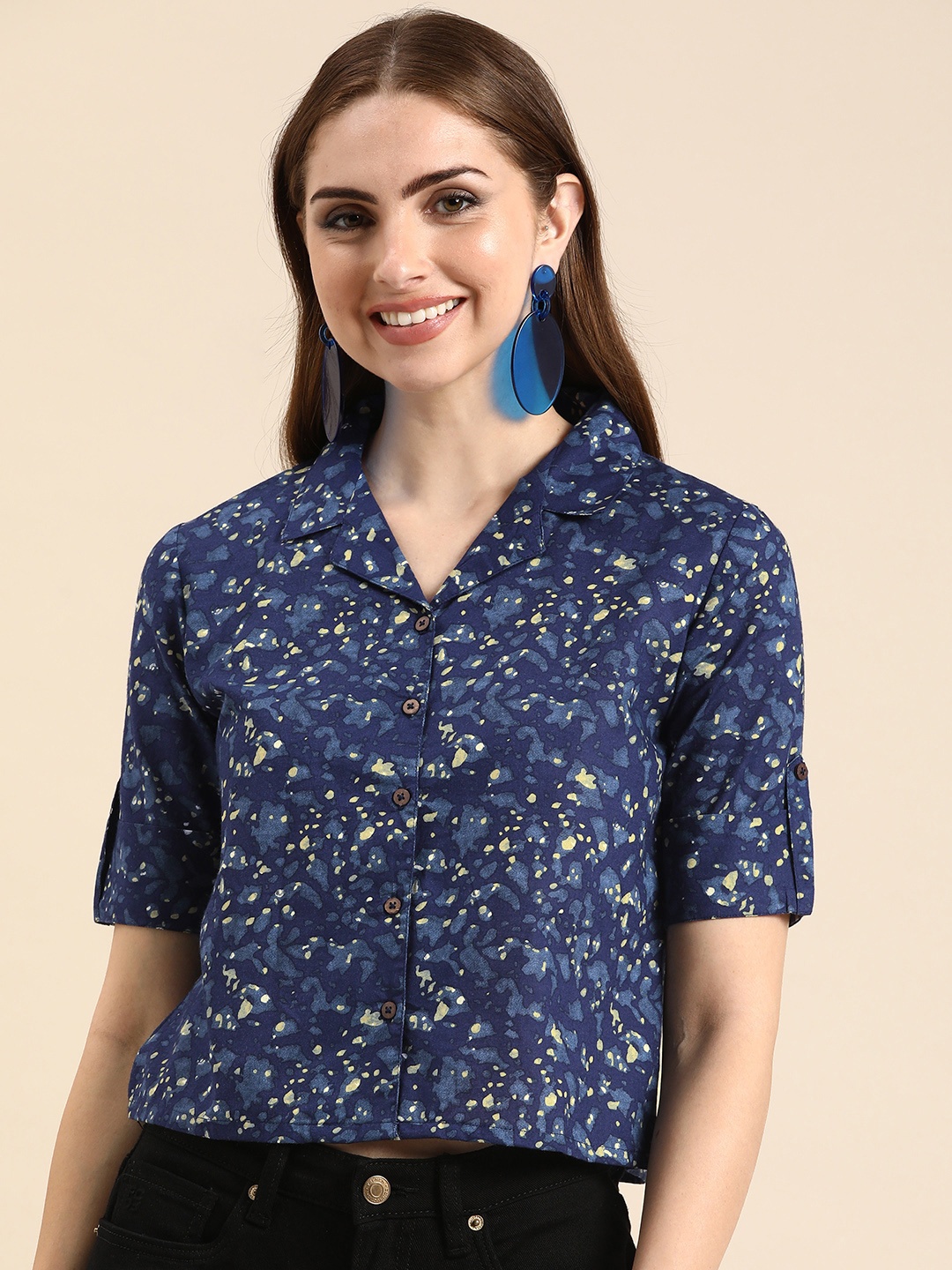 

Anouk Abstract Print Roll-Up Sleeves Indigo Cotton Shirt Style Crop Top, Navy blue