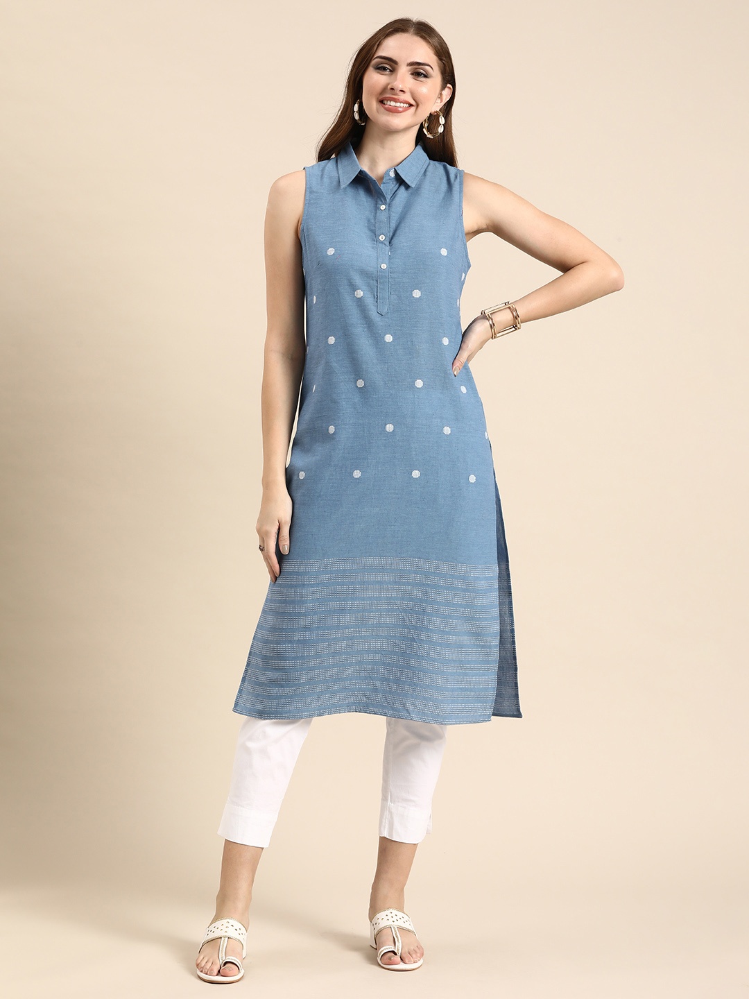 

Anouk Woven Design Shirt Collar Pure Cotton Kurta, Blue