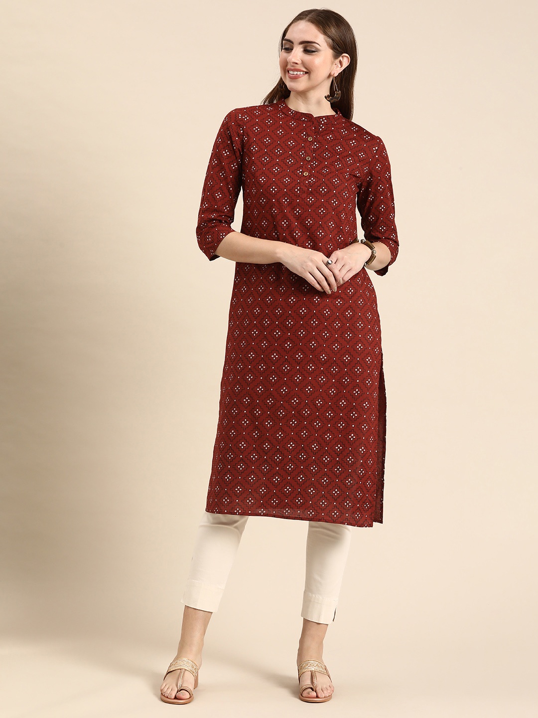 

Anouk Geometric Printed Mandarin Collar Pure Cotton Kurta, Maroon
