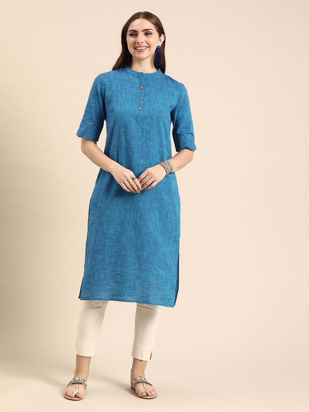 

Anouk Mandarin Collar Pure Cotton Kurta, Blue