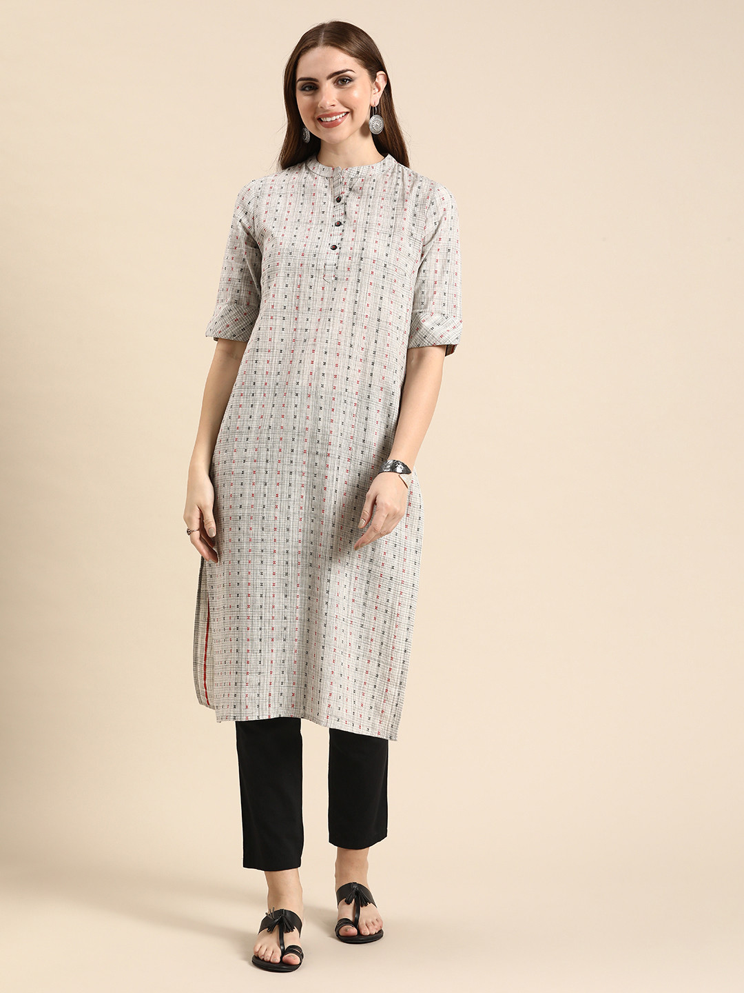 

Anouk Woven Design Mandarin Collar Dobby Pure Cotton Kurta, Grey