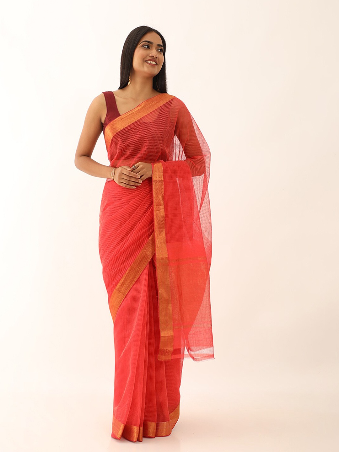 

Taneira Striped Zari Pure Cotton Mangalagiri Saree, Orange