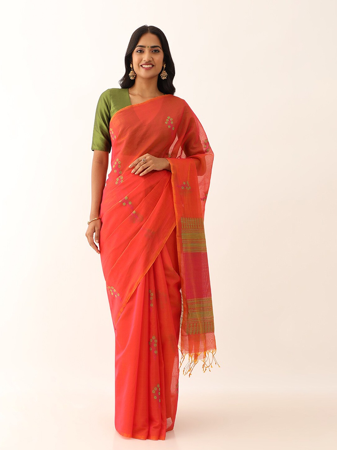 

Taneira Floral Woven Design Silk Cotton Saree, Orange