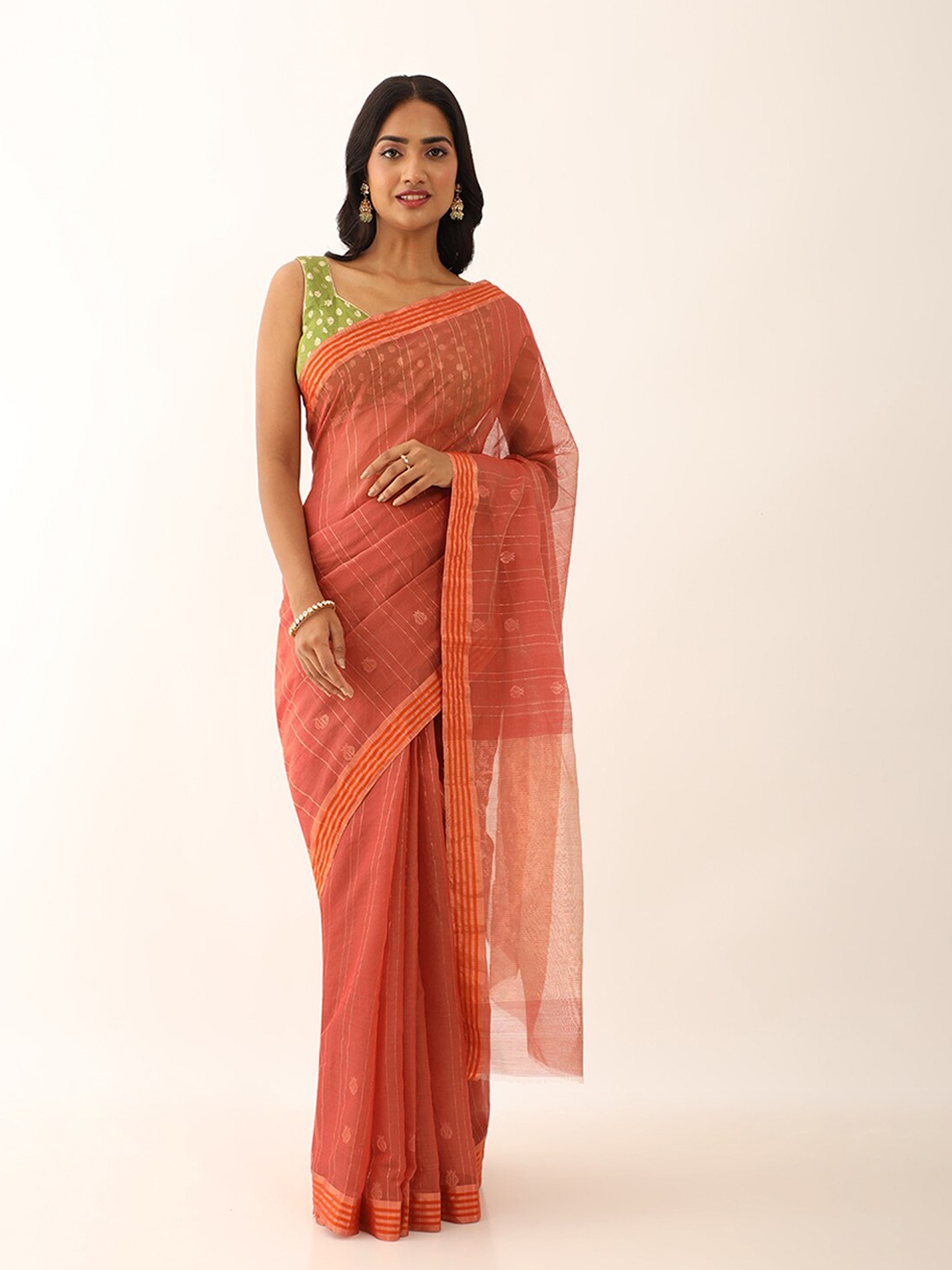 

Taneira Striped Zari Silk Cotton Chanderi Saree, Orange