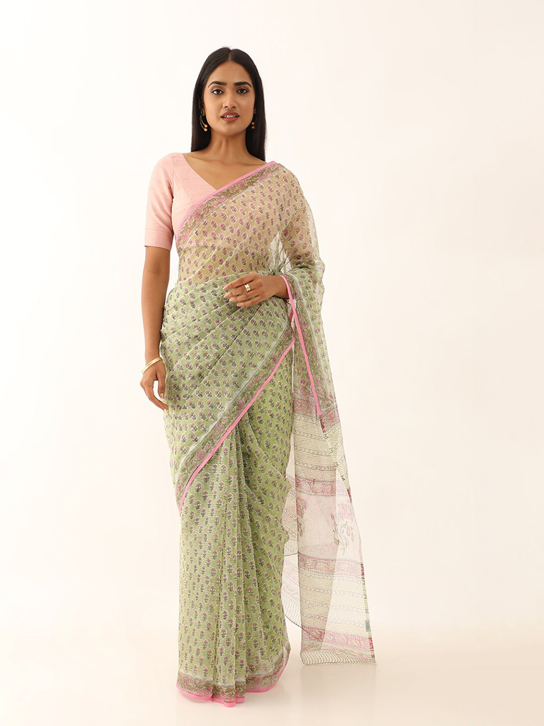 

Taneira Floral Printed Pure Cotton Bagru Saree, Green