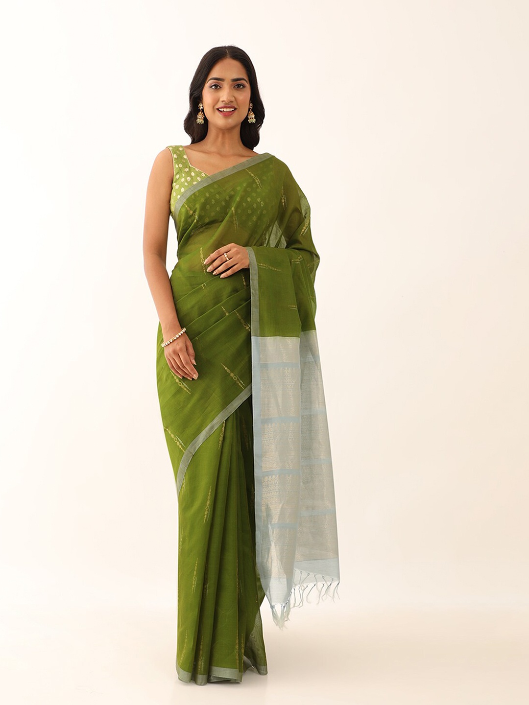 

Taneira Ethnic Motifs Woven Design Zari Silk Cotton Saree, Green