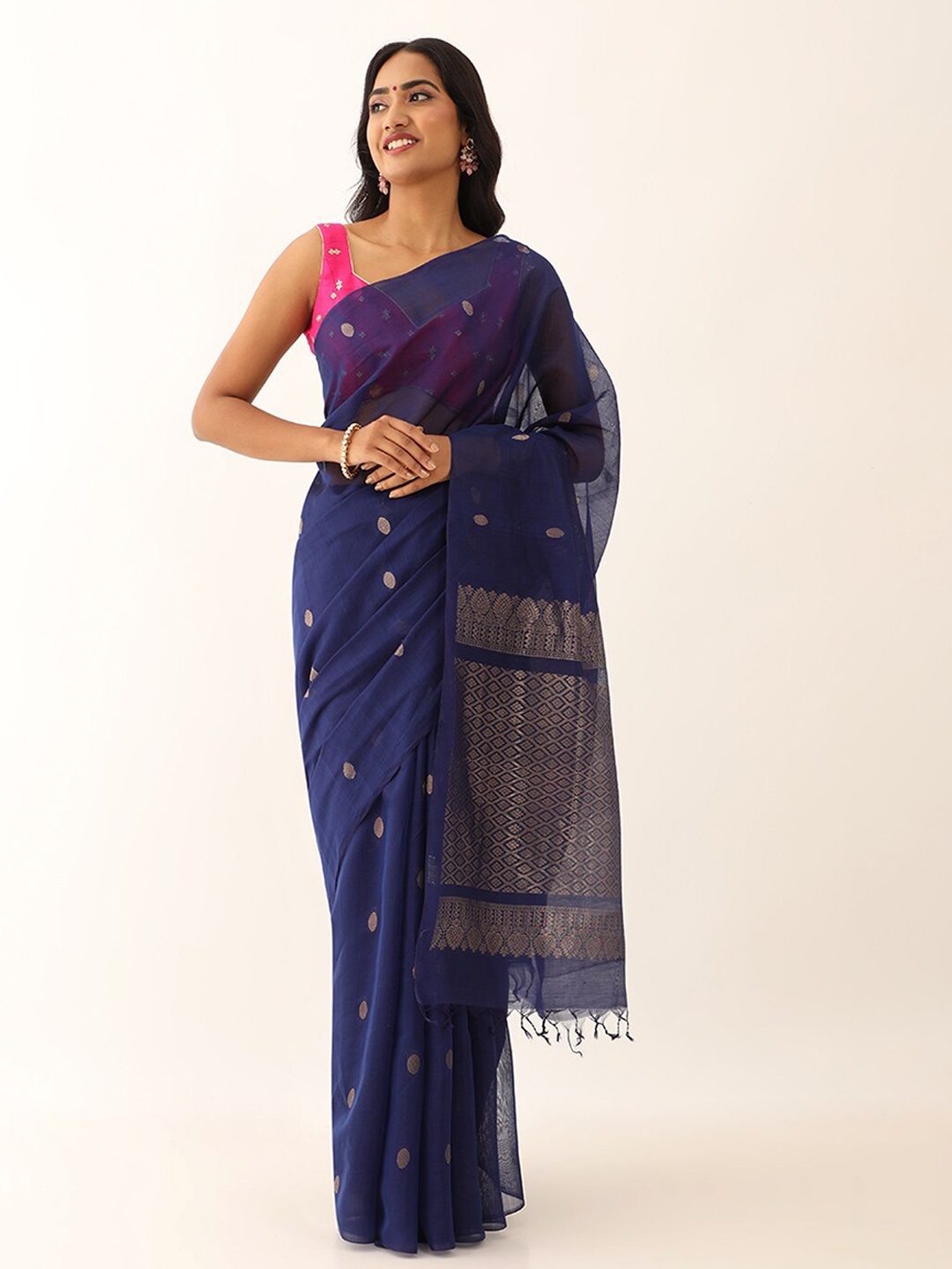 

Taneira Ethnic Motifs Woven Design Zari Silk Cotton Saree, Navy blue