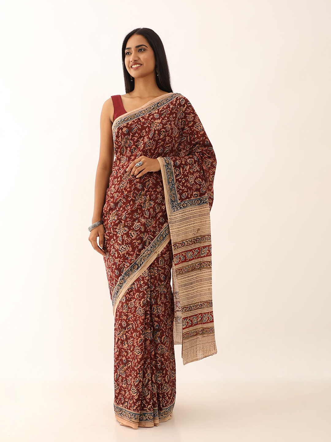 

Taneira Kalamkari Printed Pure Cotton Block Print Saree, Brown