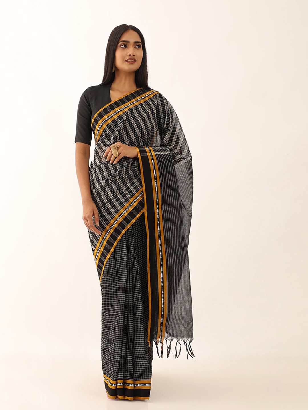 

Taneira Striped Pure Cotton Narayan Peth Saree, Black
