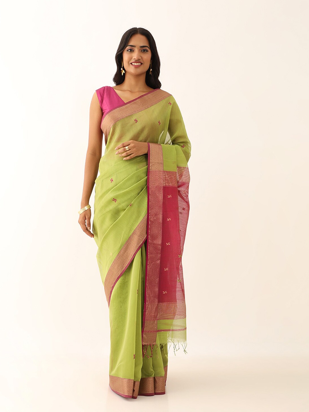 

Taneira Woven Design Zari Silk Cotton Maheshwari Saree, Green