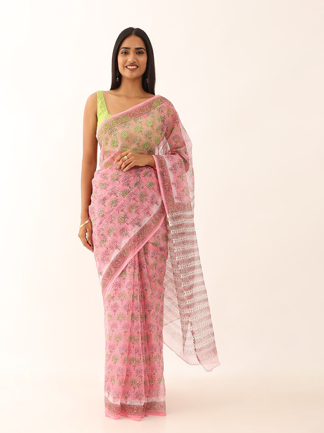 

Taneira Floral Woven Design Pure Cotton Bagru Saree, Pink