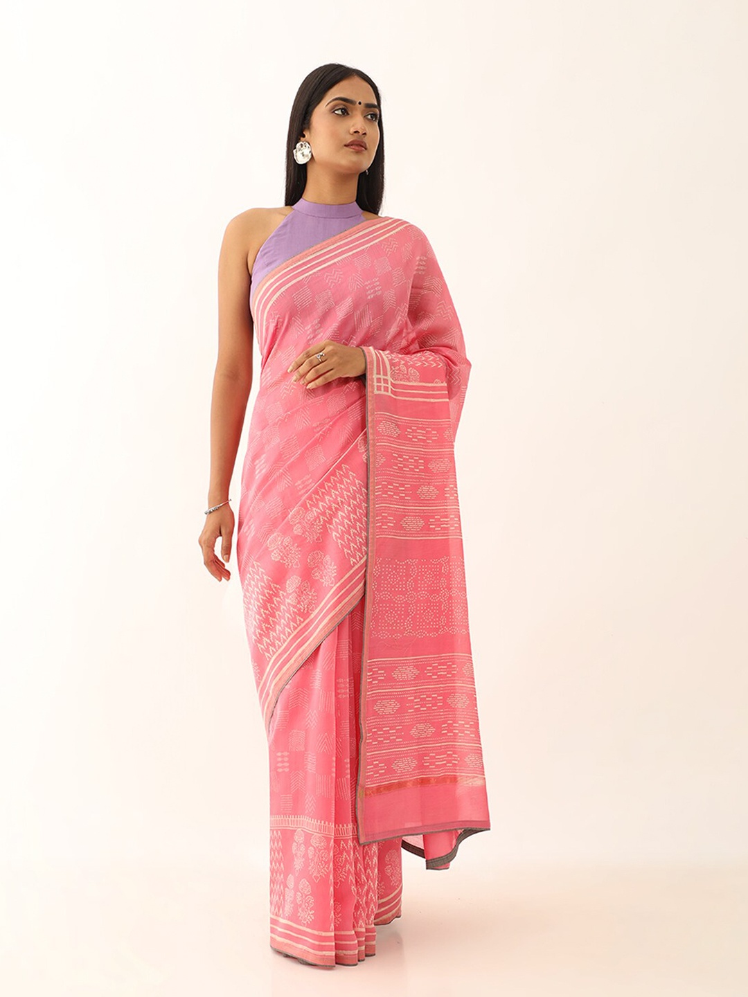 

Taneira Ethnic Motifs Printed Silk Cotton Bagru Saree, Pink