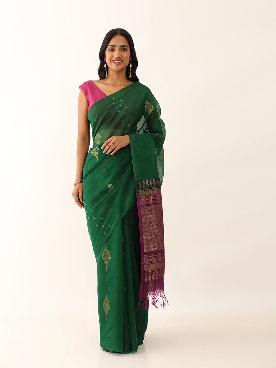 

Taneira Ethnic Motifs Woven Design Zari Silk Cotton Saree, Green