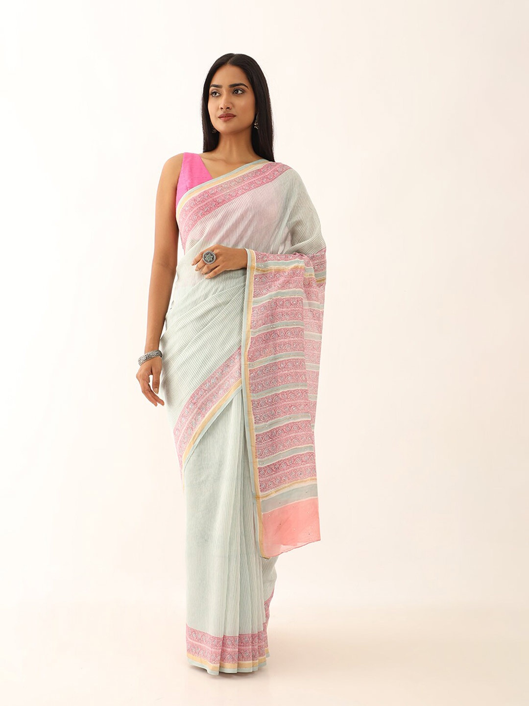 

Taneira Ethnic Motifs Printed Zari Silk Cotton Block Print Saree, Blue