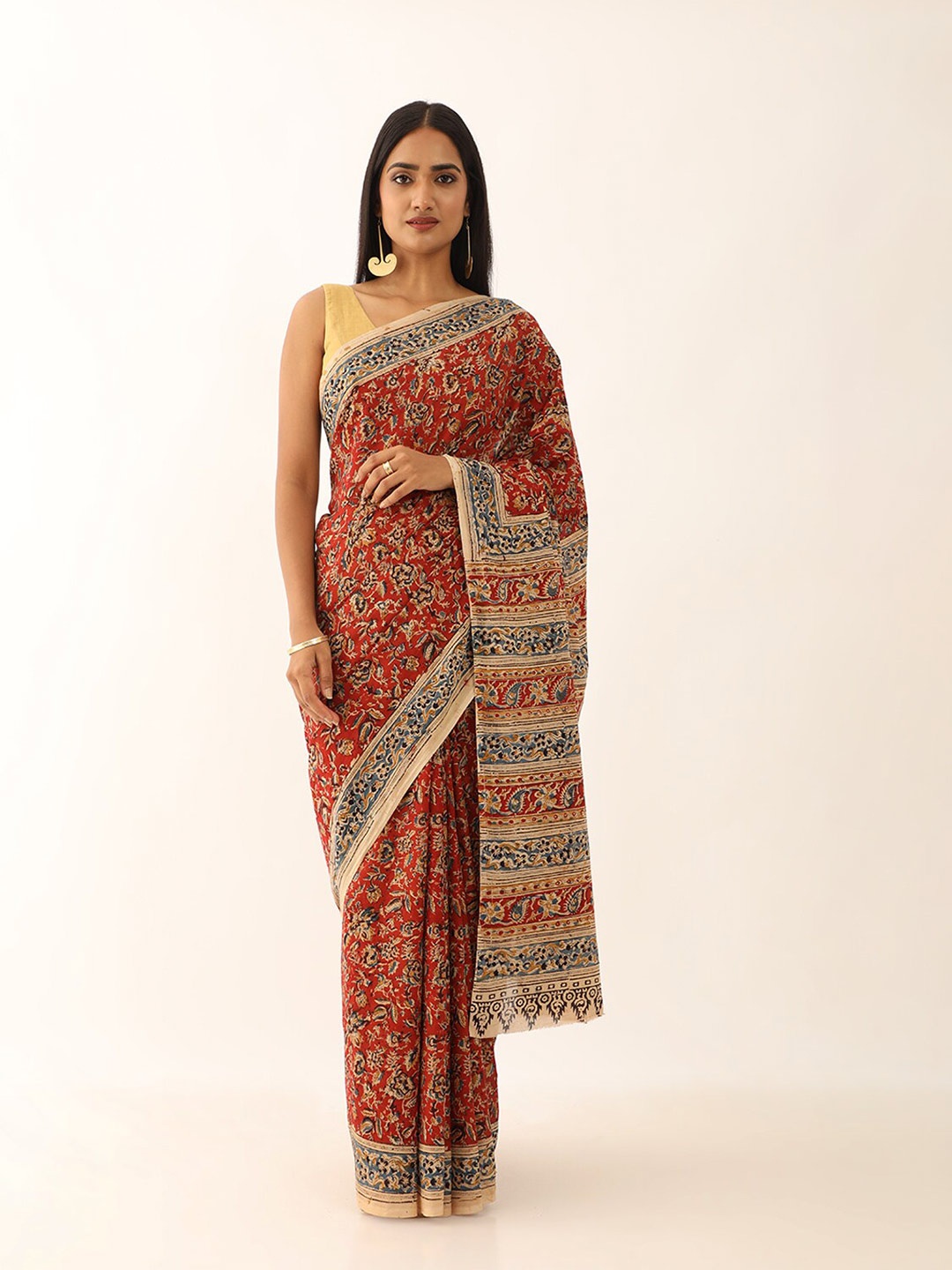 

Taneira Floral Printed Pure Cotton Block Print Saree, Orange