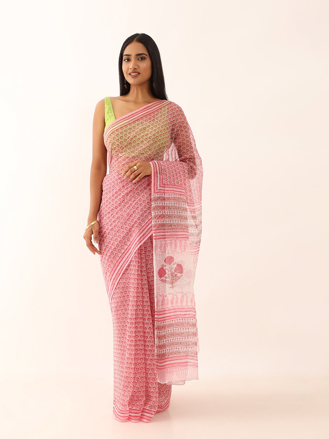 

Taneira Floral Printed Pure Cotton Bagru Saree, Pink