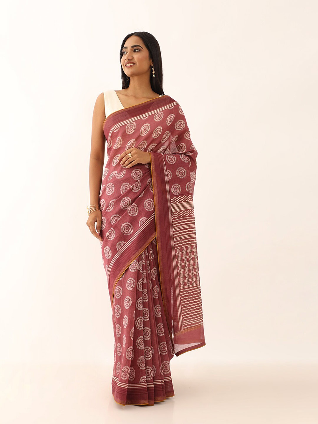 

Taneira Geometric Printed Silk Cotton Bagru Saree, Mauve