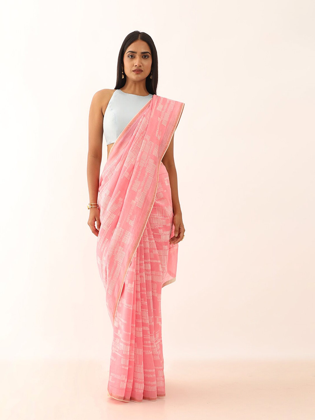 

Taneira Geometric Printed Silk Cotton Bagru Saree, Pink