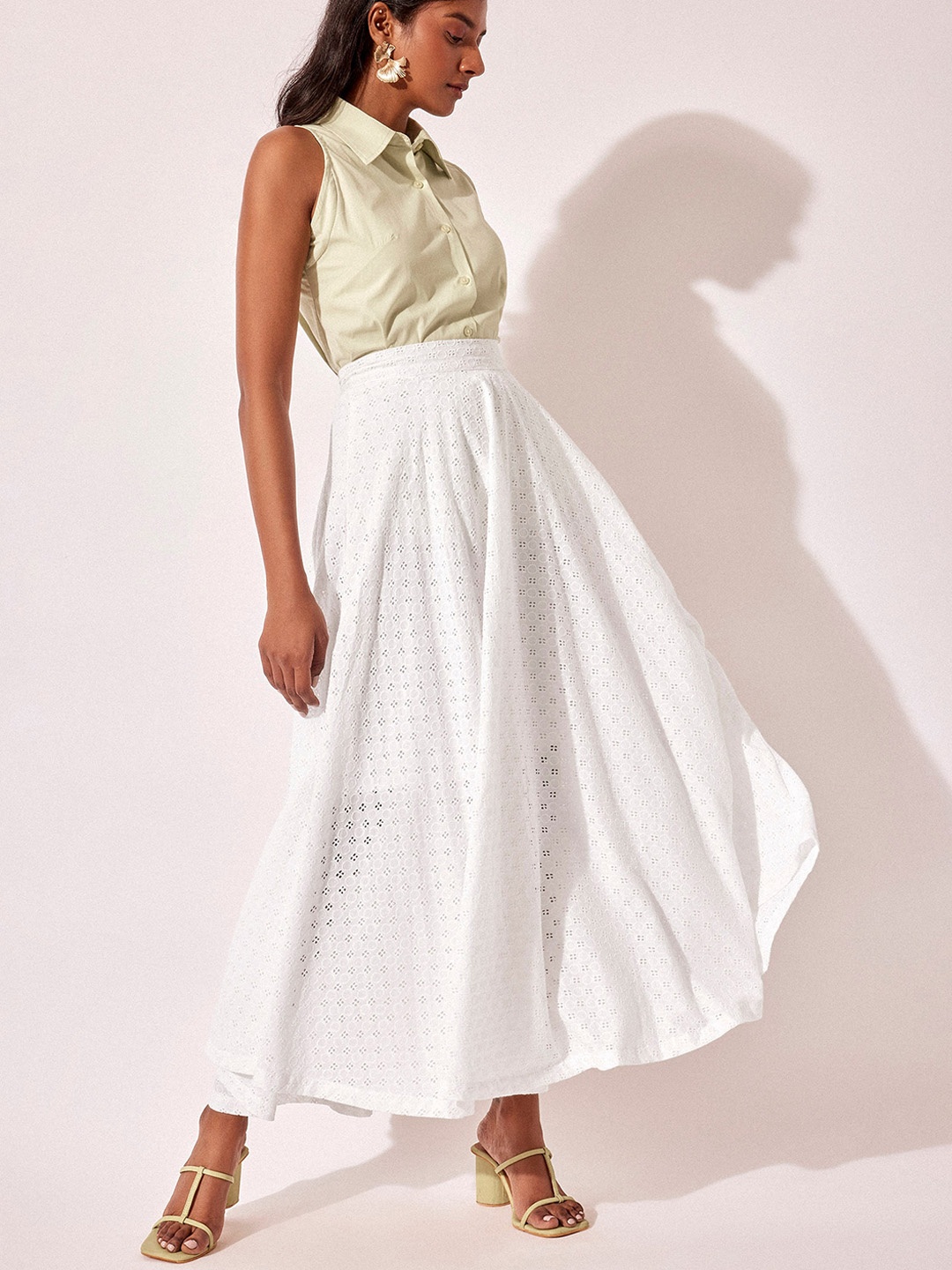 

The Label Life Pure Cotton Flared Schiffli Pure Cotton Skirts, White