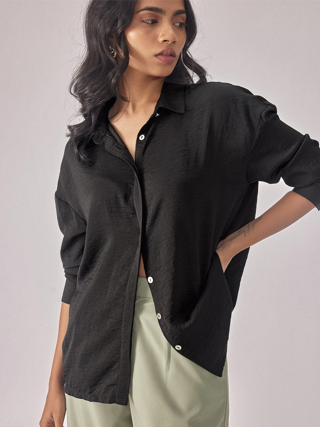 

The Label Life Spread Collar Long Sleeves Satin Casual Shirt, Black