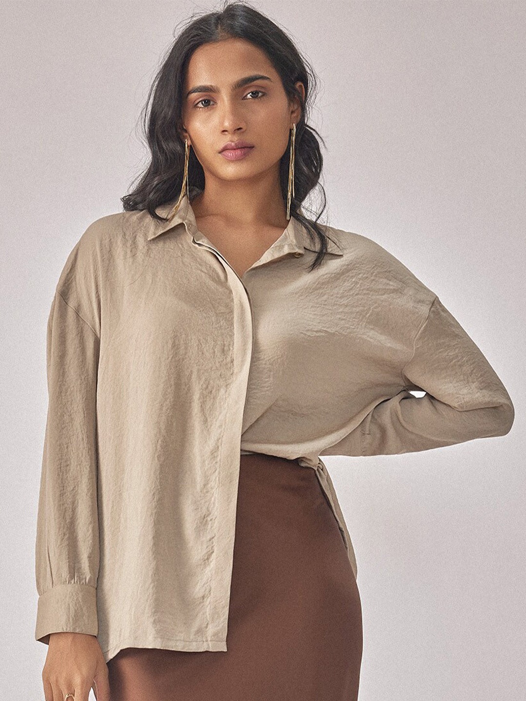 

The Label Life Spread Collar Satin Casual Shirt, Beige
