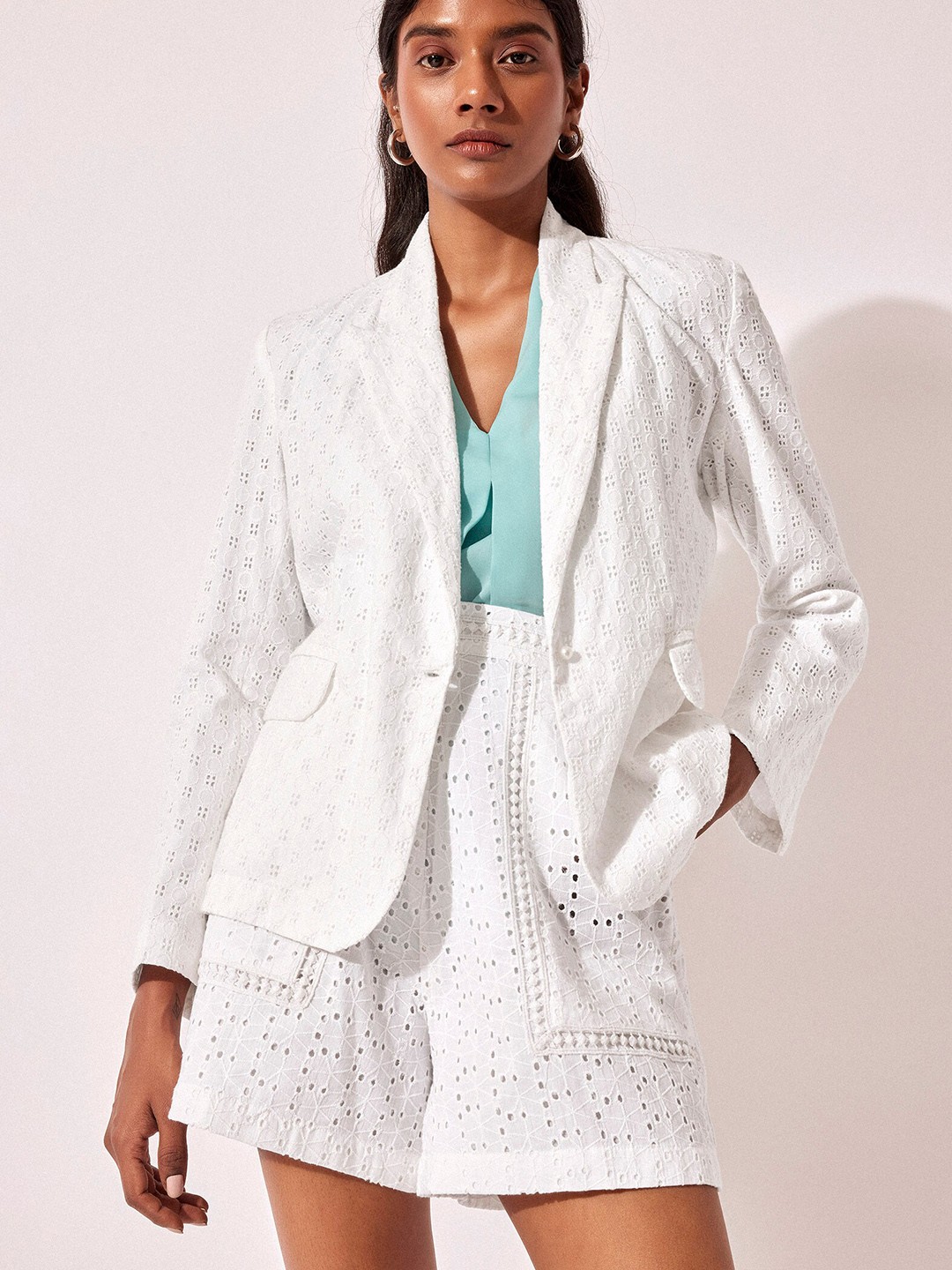 

The Label Life Self-Design Schifffli Cotton Single-Breasted Blazer, White