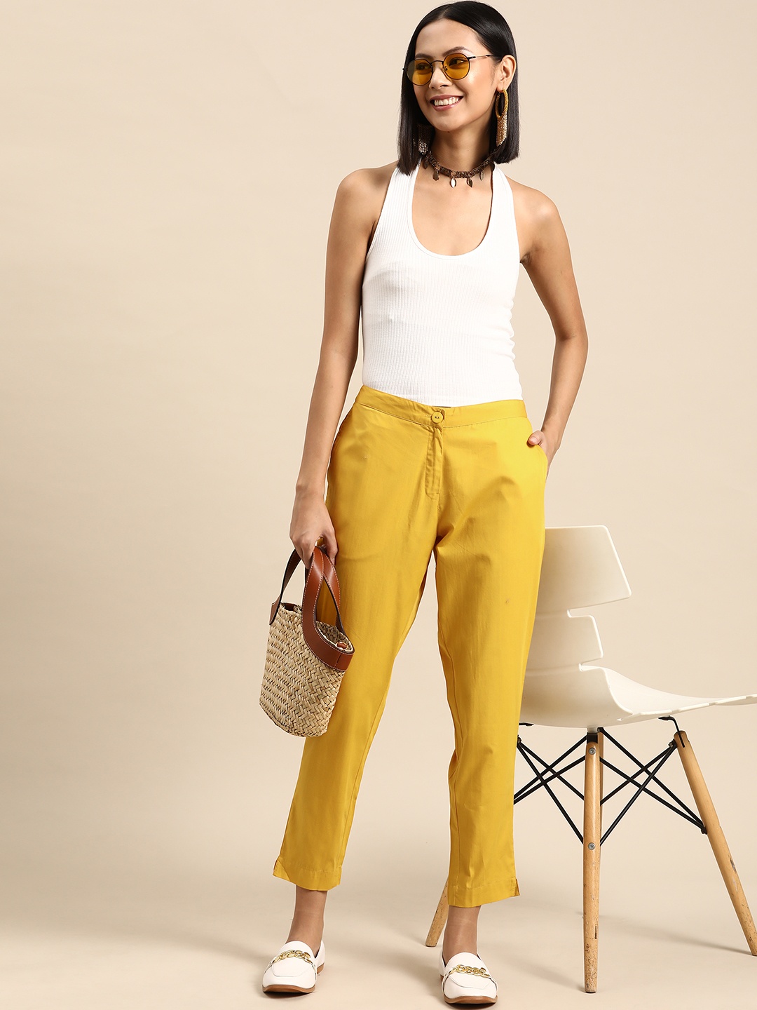 

Sangria Women Relaxed Solid Slim Fit Cigarette Trousers, Mustard