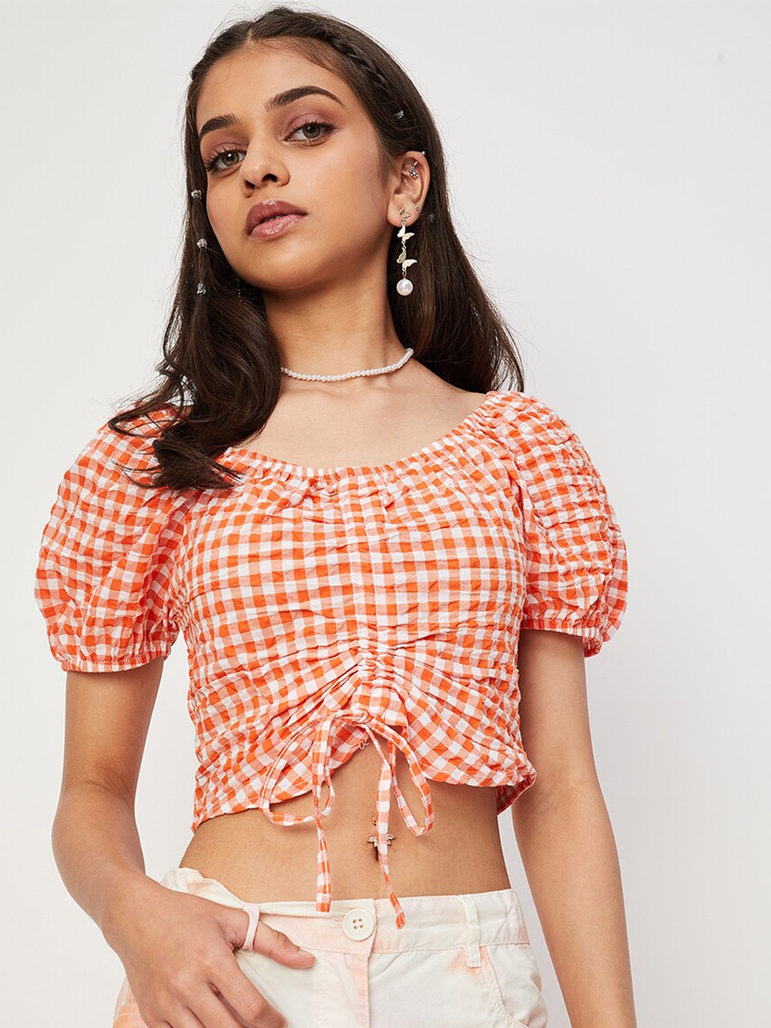 

max Girls Checked Puff Sleeves Cotton Crop Top, Orange