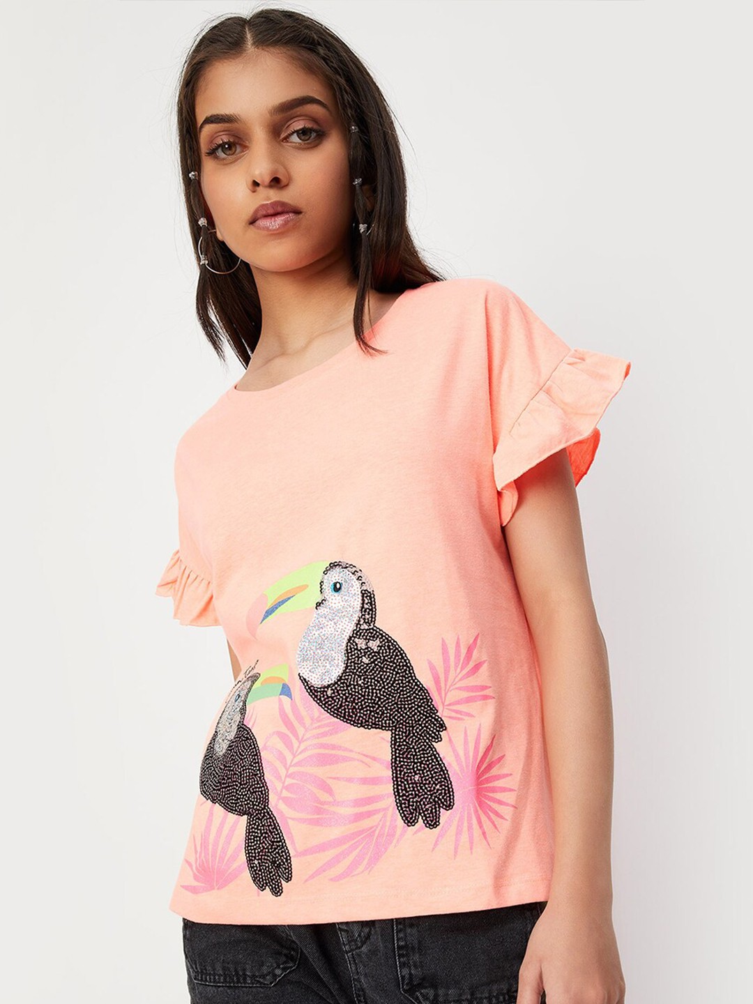 

max Girls Graphic Printed Flutter Sleeves Cotton Regular Top, Pink
