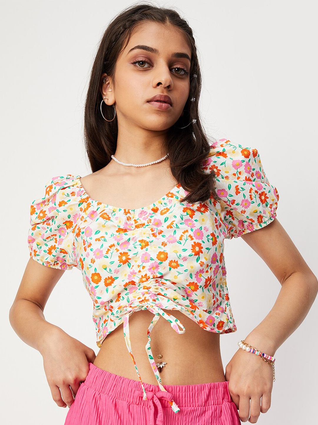 

max Girls Floral Printed Puff Sleeves Cotton Crop Top, White